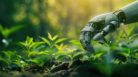 AI and environmental technology synergy: Robot hand nurturing young plants, illustrating advancements in green innovation and sustainable developmentの素材