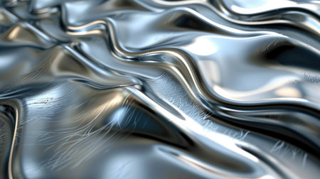 Elegant 3D rendering of chrome waves against a textured metal background, highlighting modern aesthetics.の素材