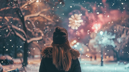 Snow-covered park with a woman admiring the New Year fireworks display, her back to the camera, encapsulating the amazement and delight of the momentの素材