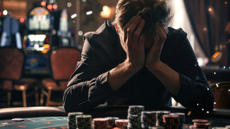 Addiction's toll: A troubled gambler with head in hands, surrounded by casino elements, depicting the harsh reality of gambling addictionの素材