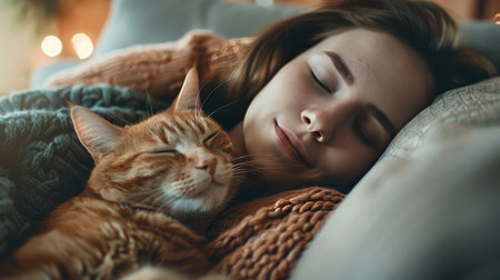 Content young woman relaxing with her adorable cat on the couch in a cozy living room setting, illustrating the comfort and companionship of a domestic petの素材