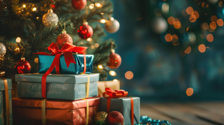 Christmas background featuring a stack of colorful gift boxes, arranged neatly under a decorated Christmas tree, creating a warm and inviting holiday sceneの素材