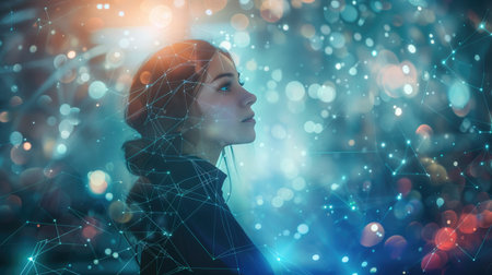 Futuristic concept of internet communication: Business woman immersed in a digital world, symbolizing technology and global connectivity in businessの素材