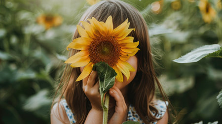 Young girl playfully hiding her face with a sunflower in a lush field, embodying the carefree spirit of childhood and outdoor explorationの素材