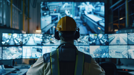Security guard closely watching live footage on multiple screens from 5G-enabled cameras, ensuring the protection of the manufacturing plantの素材