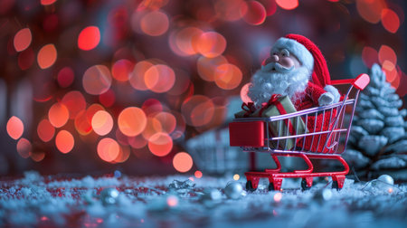 Cheerful Santa Claus navigates a red shopping cart filled with Christmas gifts, with sparkling bokeh lights illuminating the festive spirit of holiday shoppingの素材