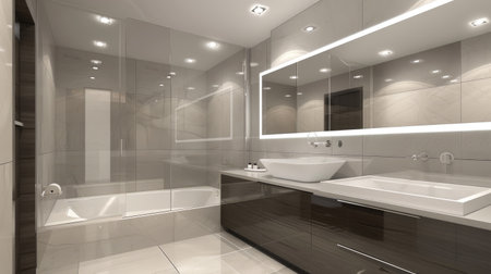 Modern bathroom with a blank mirrorの素材