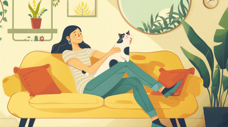 Happy young woman sitting with her lovely cat on the couch, surrounded by home comfort and warmth, symbolizing the bond between humans and domestic petsの素材