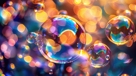 Bubble illumination: Close-up of soap bubbles glowing with radiant light, forming an abstract background filled with iridescent huesの素材