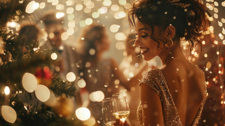 A beautiful young woman in an elegant dress dances with friends amidst sparkling champagne glasses and twinkling Christmas lights, capturing the magic of holiday celebrationsの素材