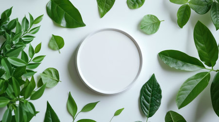 White round podium template for natural organic cosmetic product presentation, framed by green fresh leaves in a trendy minimalist flat lay backdropの素材