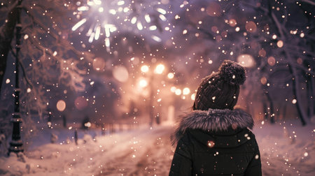 Snow-covered park with a woman admiring the New Year fireworks display, her back to the camera, encapsulating the amazement and delight of the momentの素材