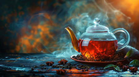 Freshly brewed tea in a teapot with space for textの素材