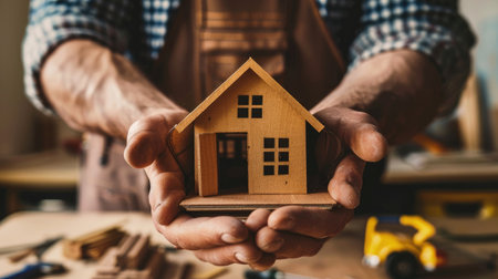 Hands cradling a tiny house model, emphasizing construction and real estate investment, with focus on architecture and building conceptsの素材