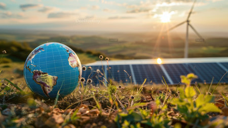 Clean energy concept for World Environment Day: Earth globe, solar panels, and windmill against a natural backdrop, symbolizing sustainable development and renewable resourcesの素材