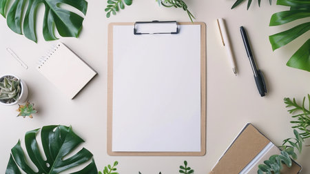 Blank paper sheet on a clipboard with office suppliesの素材