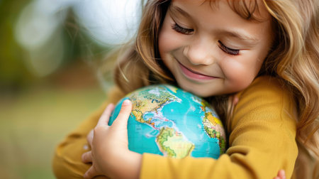 Close-up of a girl lovingly hugging a globe, representing environmental protection and care.の素材