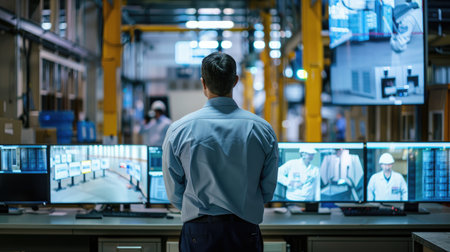 Vigilant security guard observing various live feeds from 5G surveillance cameras on multiple monitors, securing the manufacturing environmentの素材
