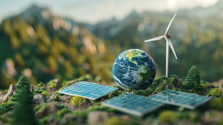 World Environment Day concept: Earth globe, solar energy panel, and wind turbine set against a scenic natural backdrop, emphasizing sustainability and clean energy initiativesの素材
