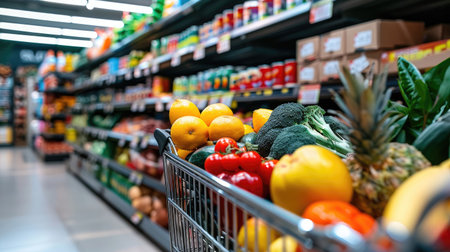Shopping cart filled with fresh fruits and vegetables, surrounded by labeled products on shelves in a supermarket aisle, showcasing a variety of healthy food choicesの素材