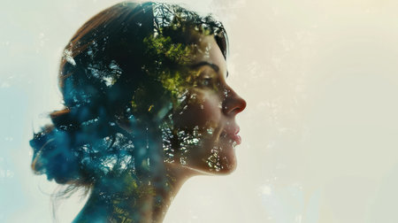 Double exposure of a young woman and nature background, symbolizing harmony and connection with the natural world in a modern contextの素材