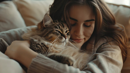 A young woman lovingly holding her fluffy cat on the sofa in the living room, showcasing the affectionate relationship and happiness of having a domestic petの素材