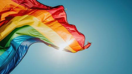Concept of LGBT pride month: Rainbow flag fluttering in the wind, symbolizing inclusivity, celebration of love, and rights for all gendersの素材