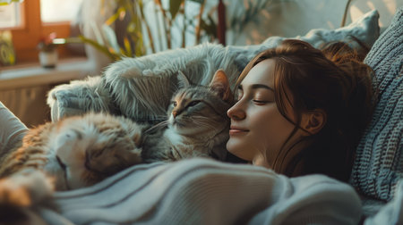 Content young woman relaxing with her adorable cat on the couch in a cozy living room setting, illustrating the comfort and companionship of a domestic petの素材