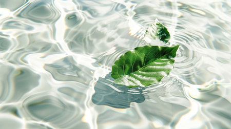 Minimalist background featuring clear white water and a green leaf, with sunlight reflections adding a touch of eleganceの素材