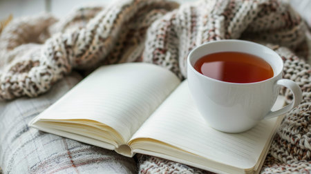 Blank notebook with a cup of tea on a cozy tableの素材