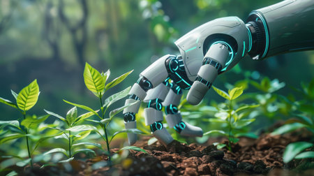 Green technology innovation: Robot hand cultivating small plants, demonstrating the integration of AI in environmental conservation and eco-friendly solutionsの素材
