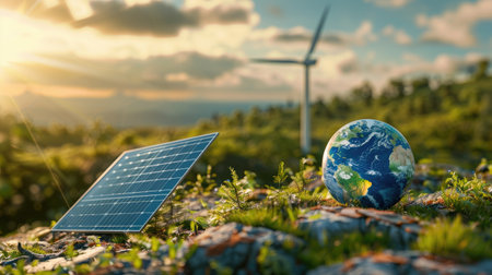 World Environment Day concept: Earth globe, solar energy panel, and wind turbine set against a scenic natural backdrop, emphasizing sustainability and clean energy initiativesの素材
