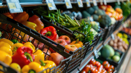 Colorful display of fresh produce in a trolley at the grocery store, with neatly labeled shelves in the background, offering a wide selection of nutritious optionsの素材