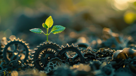 Mechanized gears leading up to a tree sprout, symbolizing the integration of technology with natural growth.の素材