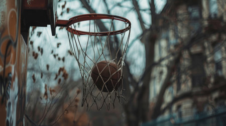 Basketball perfectly aligned with the hoop, captured in the moment of scoringの素材