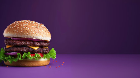 Burger with all the fixings on a purple background, leaving ample space for creative text or additional elementsの素材