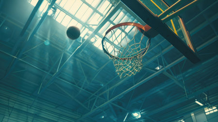 Dramatic shot of a basketball falling through the hoop, with a gymnasium ceiling as the background.の素材