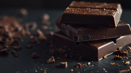Gourmet dark chocolate bars on a dark background, capturing the essence of refined indulgence.の素材