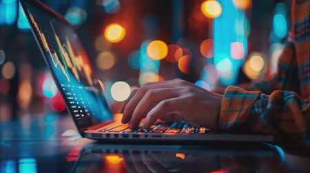 Close-up of hands typing on a laptop, communicating with an AI chatbot to assess market trends and financial performanceの素材