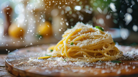 Savory Italian pasta entrees served with a sprinkle of grated Parmesan cheese, captured in a mouth-watering display from a low angle perspective on a wooden table.の素材