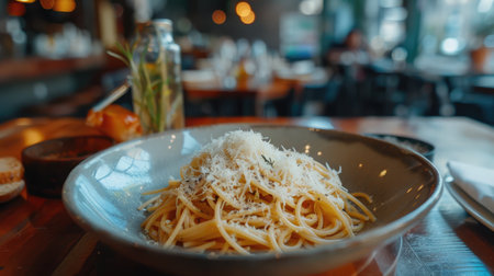 Appetizing view of pasta entrees featuring Italian spaghetti and grated Parmesan cheese, showcased in a cozy setting atop a wooden tableの素材