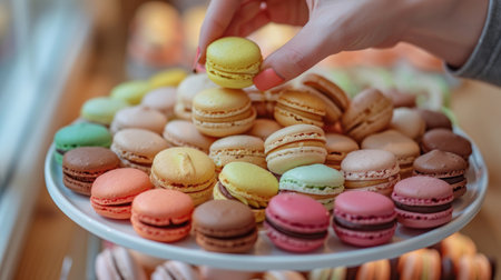 A hand picking up a macaron from a beautifully arranged platter of assorted macarons, emphasizing their appealの素材