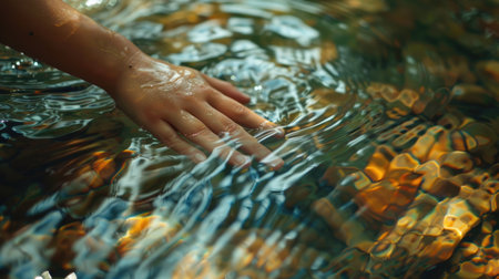 Fingers gently tracing the surface of a clear river, representing a pure and serene connection with natureの素材