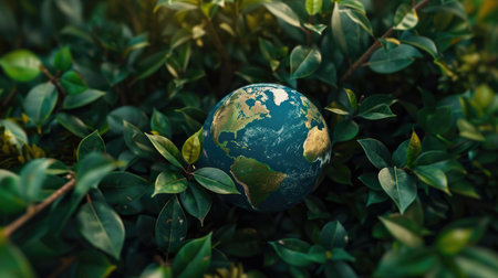 Earth globe surrounded by lush green leaves, signifying global environmental protection and care.の素材