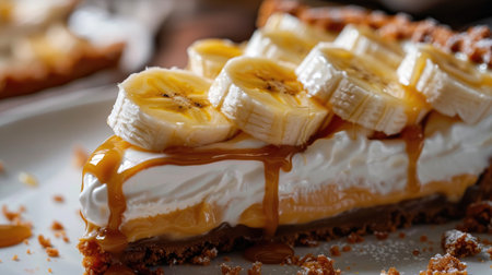 A close-up of a slice of Banoffee Pie, showing layers of bananas, caramel, and whipped cream on a graham cracker crust.の素材