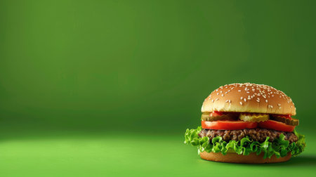 Tasty burger on a green background, offering extensive space for inserting additional images or promotional text.の素材