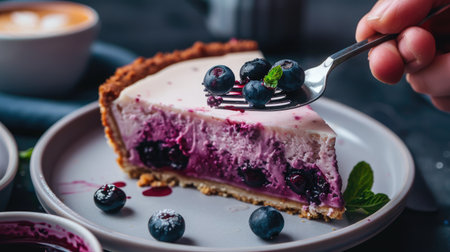 A person holding a forkful of blueberry cheesecake, with the cake slice and a cup of coffee in the background.の素材