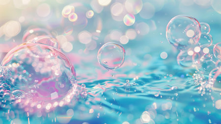 Tranquil banner background showcasing the beauty of a serene blue water surface, enhanced by playful splashes and effervescent soap bubbles.の素材