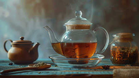 Artistic composition featuring a glass cup and teapot brimming with flavorful cumin tea, with a wooden spoon showcasing the key ingredientの素材