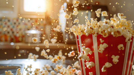Popcorn popping out of a vintage popcorn machine, with a retro kitchen background.の素材
